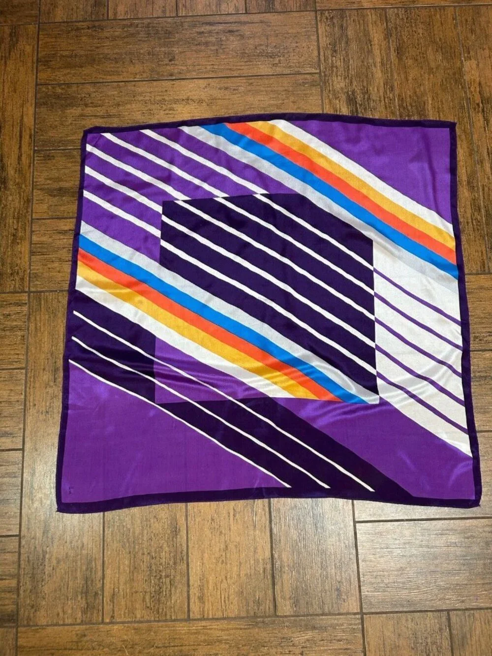 Honey Vintage Scarf 100% Silk Purple Geometric Stripes 30” Square